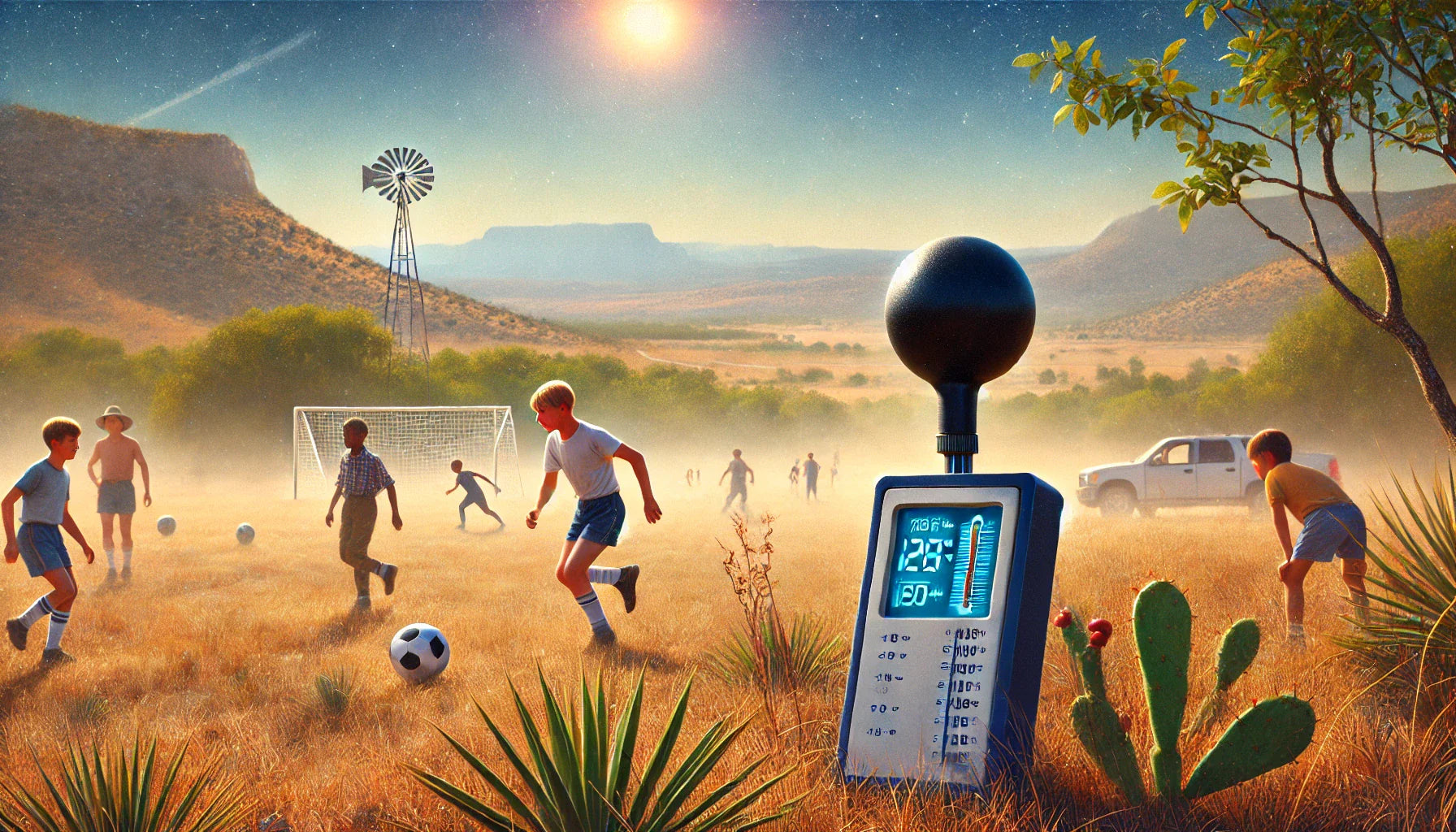 An illustrated image of a WBGT reader and kids playing soccer in the heat