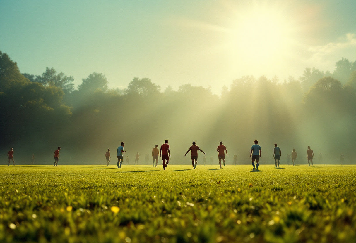 Sun shining in the backgound of a group of athletes on a field