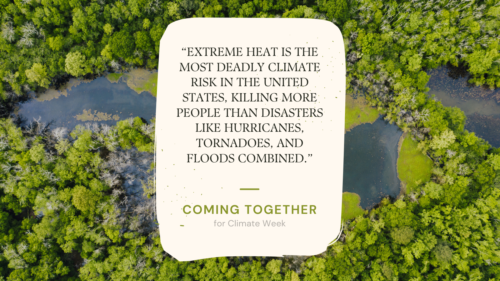 A photo of nature with a quote about extreme heat being the most deadly climate risk