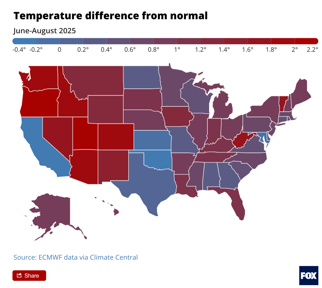 Map of Heat in the US Summer of 2025