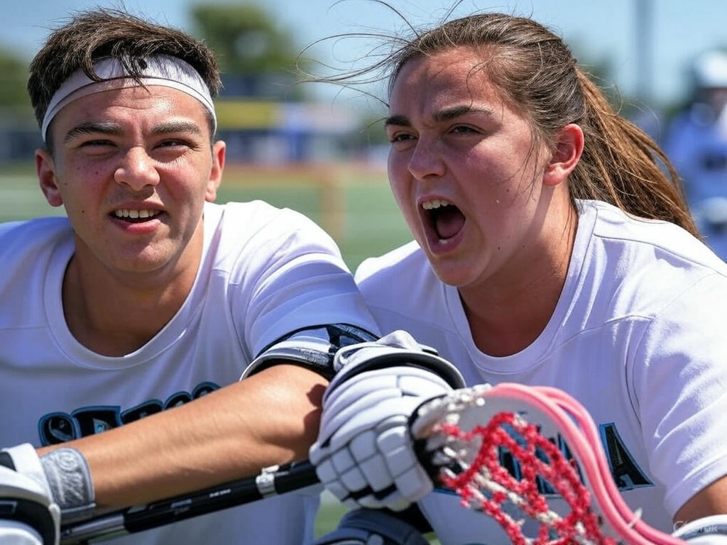Youth lacrosse players cheering on their team