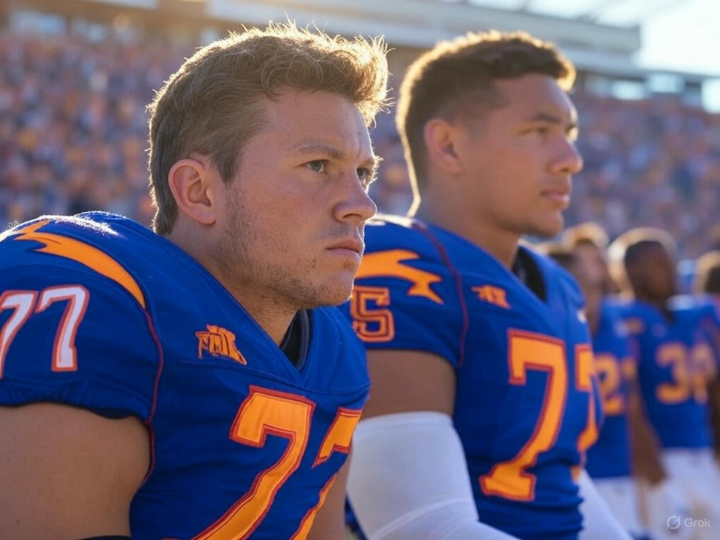 Football players on the sidelines with sun in the background